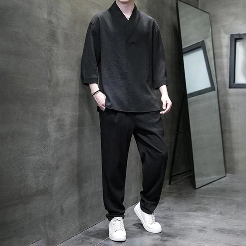 Buddhist casual mens outfit black three-quarter sleeve shirt black pants handcrafted textile