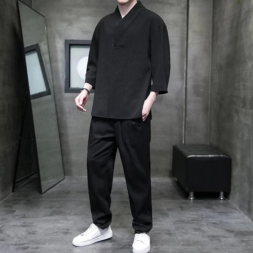 Buddhist casual mens two-piece set black three-quarter sleeve shirt black pants side-front view