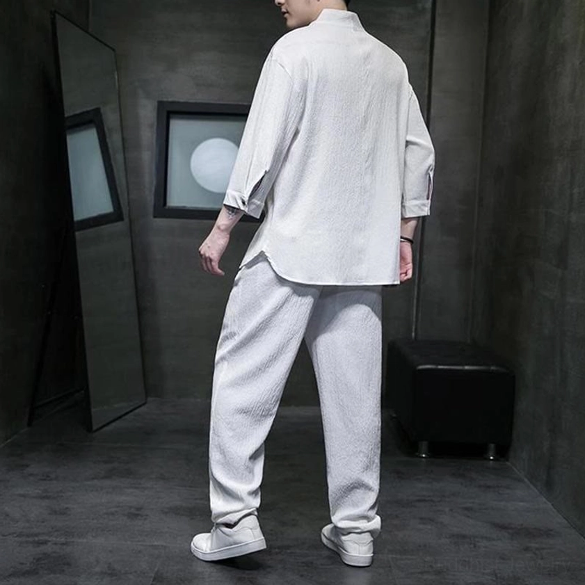 Mens Buddhist two-piece casual set back view white three-quarter sleeve shirt light gray tapered pants