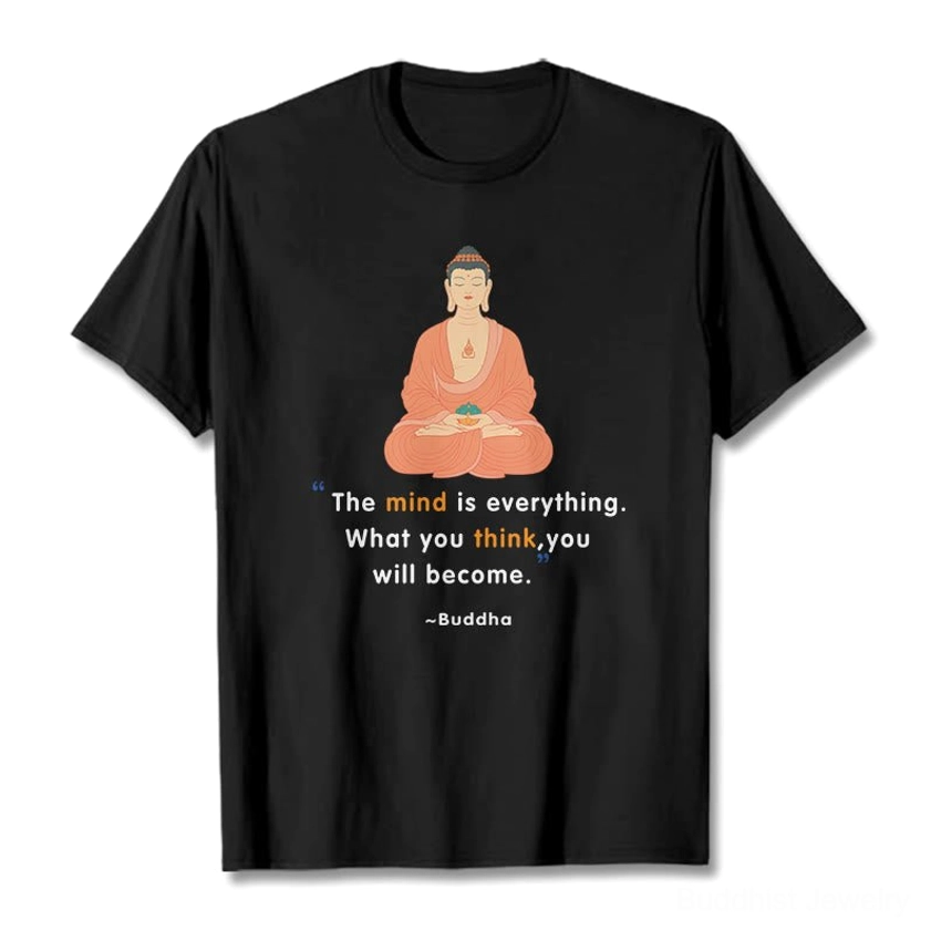 Black Buddhist mindfulness t-shirt flat lay front with inspirational quote