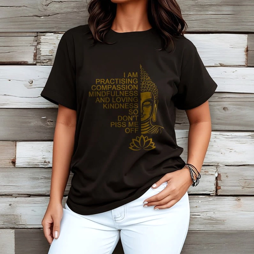 Women wearing black Buddhist mindfulness golden Buddha lotus cotton tee casual styling