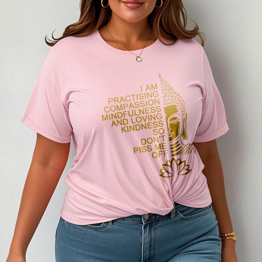 Men wearing light cyan Buddhist mindfulness golden Buddha lotus cotton tee casual model