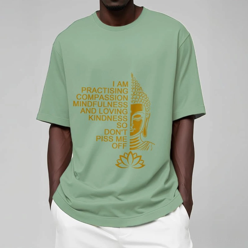 Women wearing light cyan Buddhist mindfulness golden Buddha lotus cotton tee casual outfit