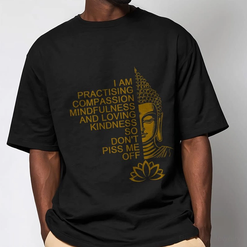 Men wearing black Buddhist mindfulness golden Buddha lotus cotton tee studio photo