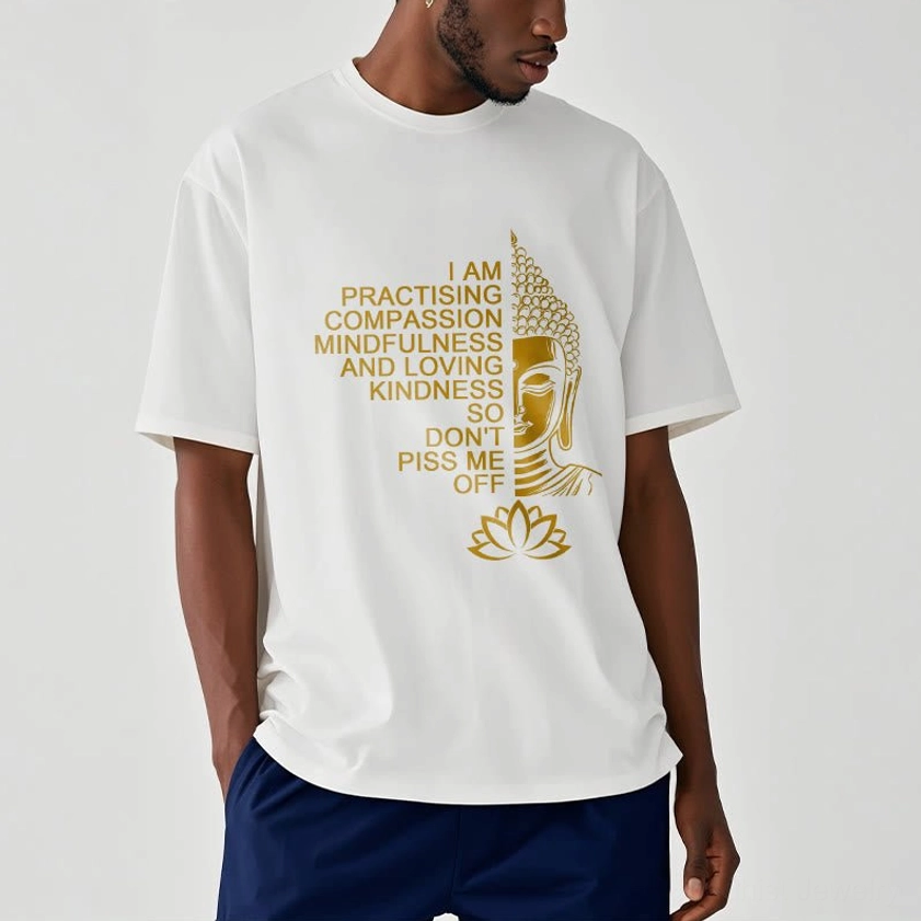 Men wearing Buddhist mindfulness golden Buddha lotus cotton tee casual style studio photo