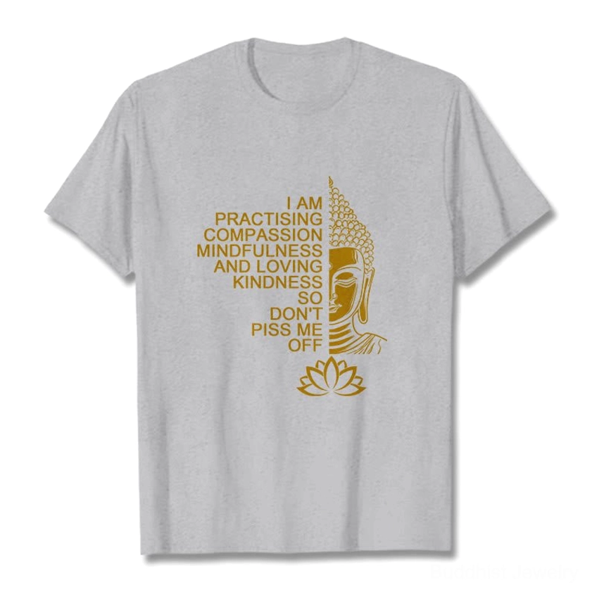 Men wearing light grey Buddhist mindfulness golden Buddha lotus cotton t-shirt casual styling