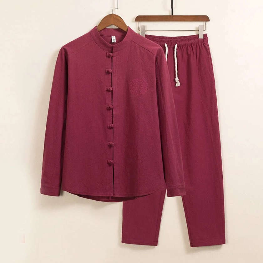 Buddhist mindfulness cotton shirt and pants set with frog buttons, burgundy color, front view