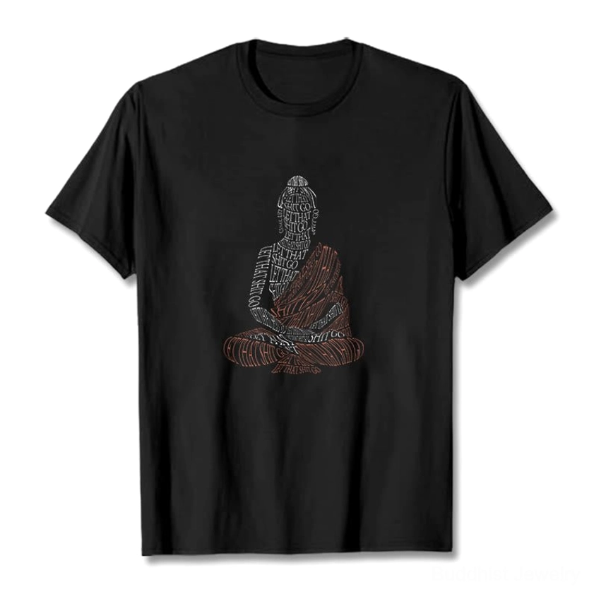 Buddhist Mindfulness Graphic T-Shirt - Black Cotton Tee with Buddha Word-Art Design, Front Flat Lay