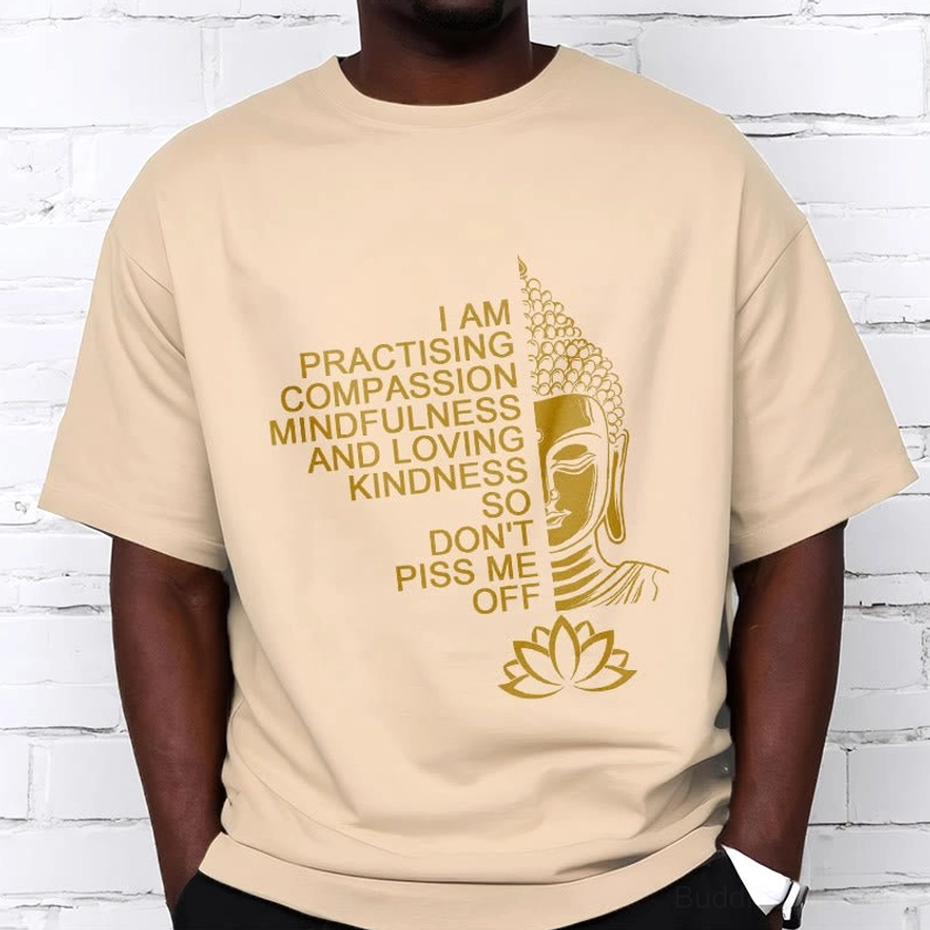 Buddhist mindfulness golden Buddha lotus cotton t-shirt detail shot showing print quality and design