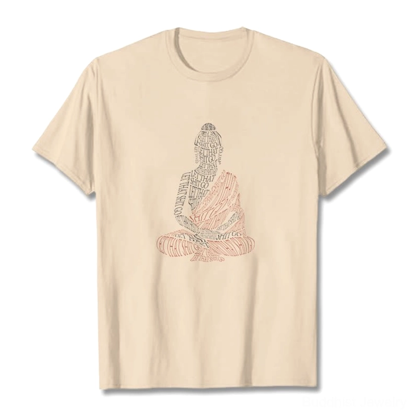 Buddhist Mindfulness Graphic T-Shirt - Cream Tan Cotton Tee with Buddha Design, Front Flat Lay View