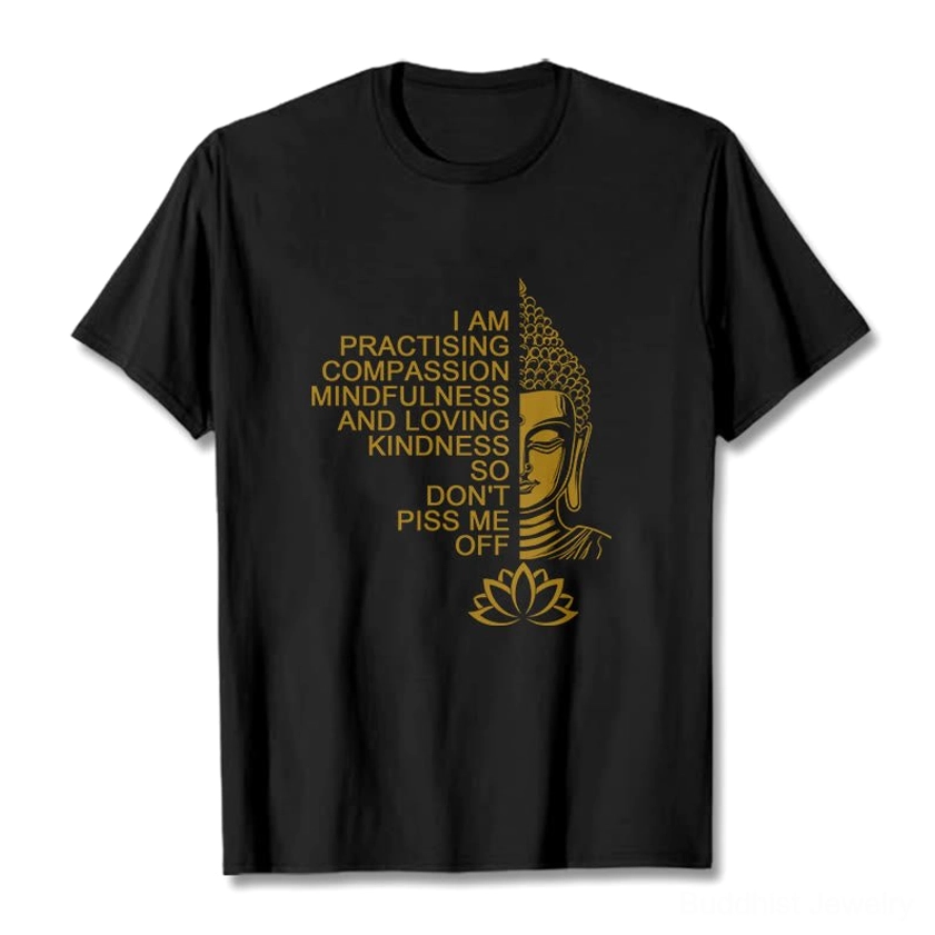 Buddhist mindfulness golden Buddha lotus flower cotton t-shirt flat lay black color