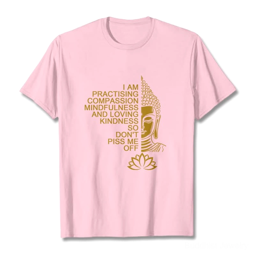 Buddhist mindfulness golden Buddha lotus cotton t-shirt light cyan color flat lay