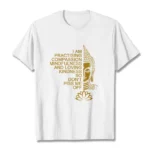 Buddhist mindfulness golden Buddha lotus flower cotton t-shirt flat lay front view white background