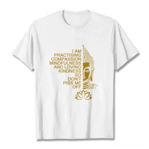 Buddhist mindfulness golden Buddha lotus flower cotton t-shirt flat lay front view white background