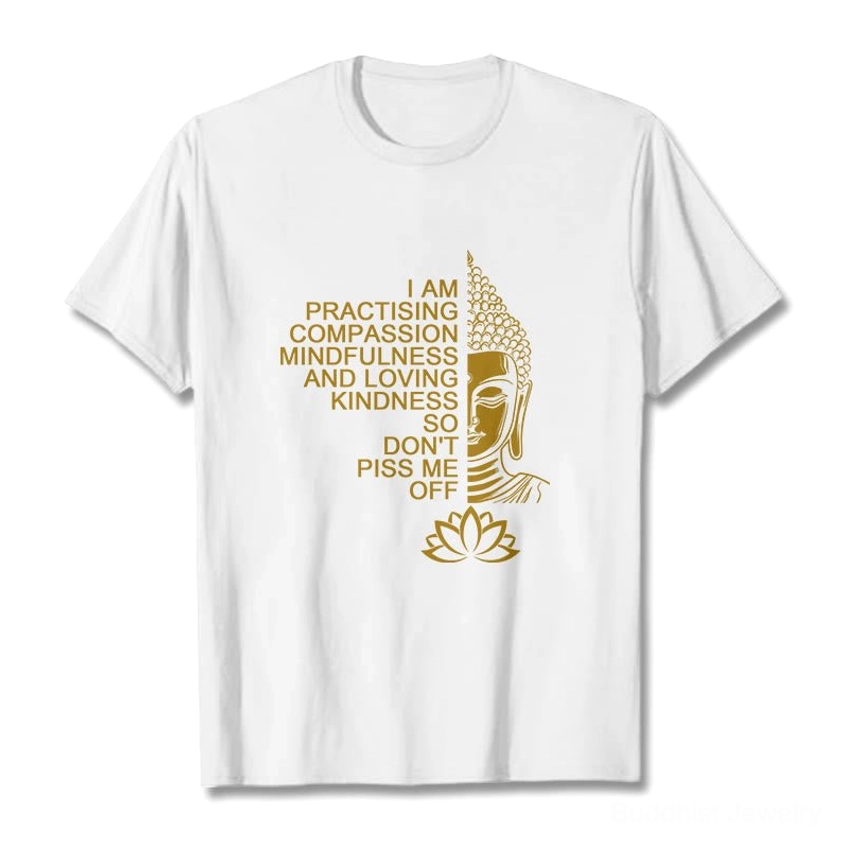Buddhist mindfulness golden Buddha lotus flower cotton t-shirt flat lay front view white background