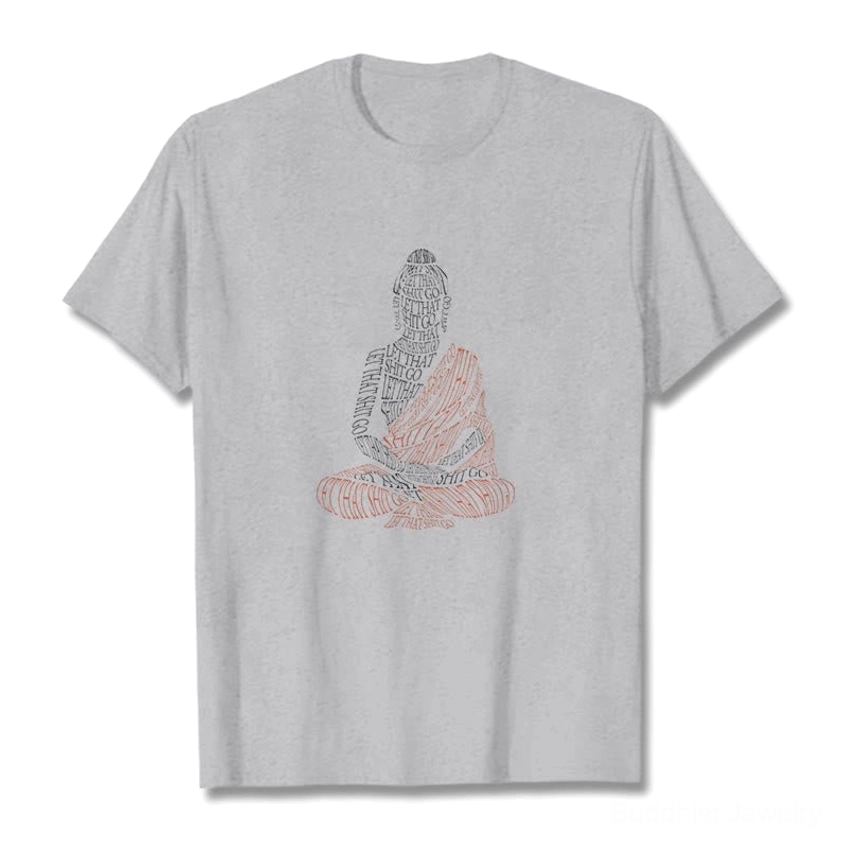 Buddhist Mindfulness Graphic T-Shirt - Light Grey Cotton Tee with Buddha Design Front Display