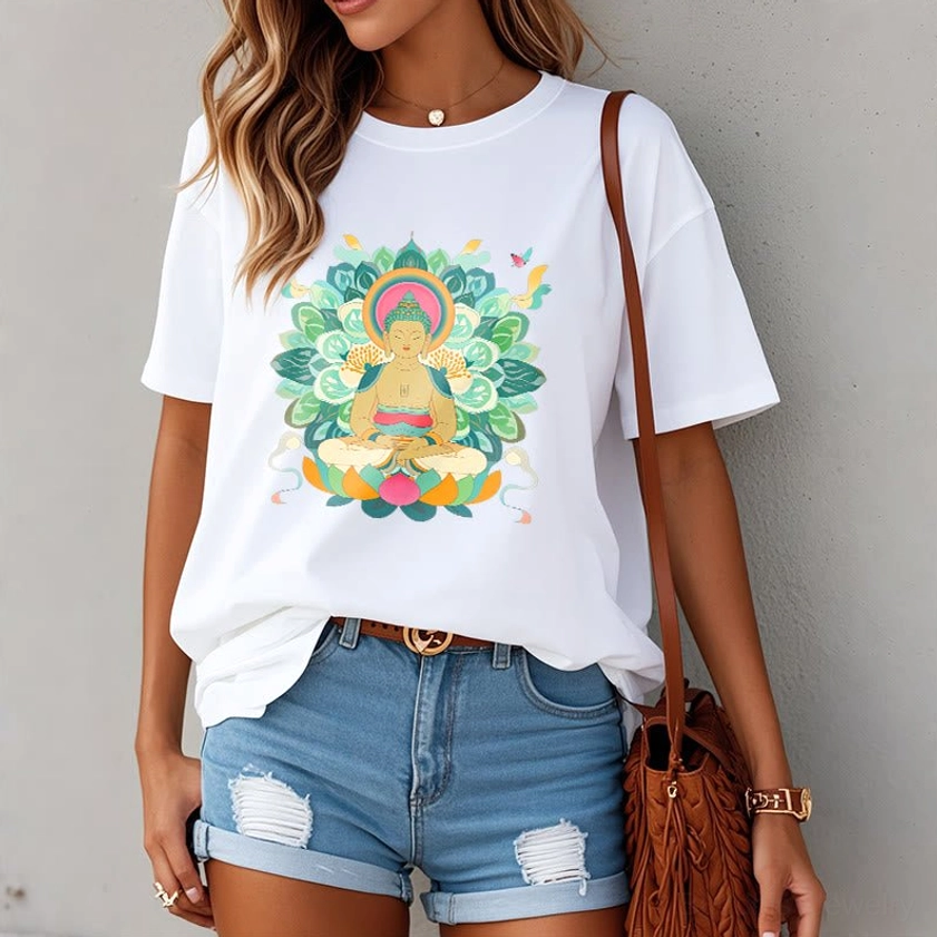 Female model wearing white Buddha lotus tee outdoor street style with denim shorts casual wear