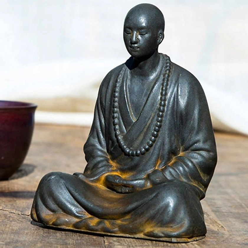 Buddhist Meditation Monk Statue Three-Quarter View - Handcrafted Statue with Prayer Beads and Bald Head Detail