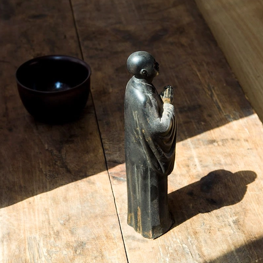 Buddhist Monk Statue Side Profile - Handcrafted Meditation Statue Showing Rear Bald Head and Robe Details