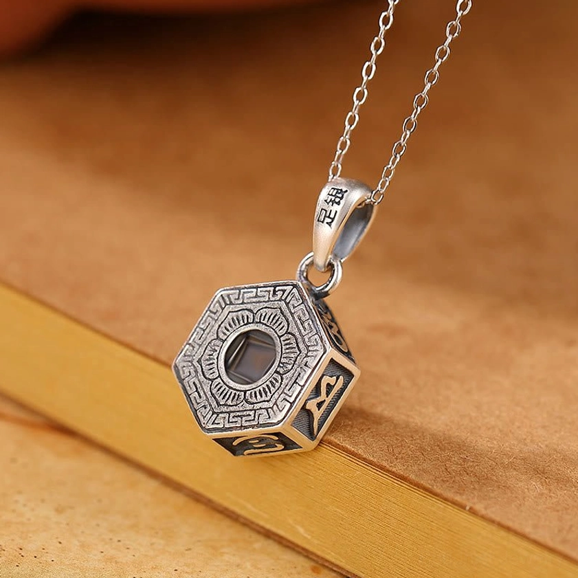 Sterling Silver Om Mani Padme Hum Buddhist Necklace with Bagua Pattern Top and Engraved Bail - Front View