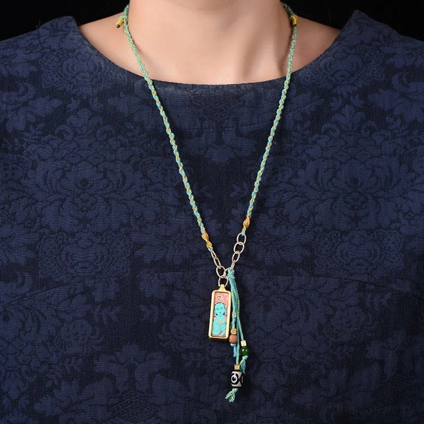 Braided woven cord necklace chain with tassel and bead accents for Five Gods of Wealth pendant