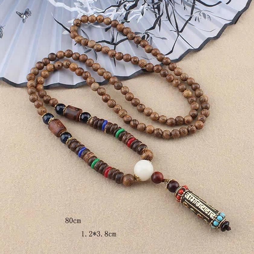 Long Buddhist mantra necklace with hand-painted dzi bead and wenge wood, scaled product display with measurements