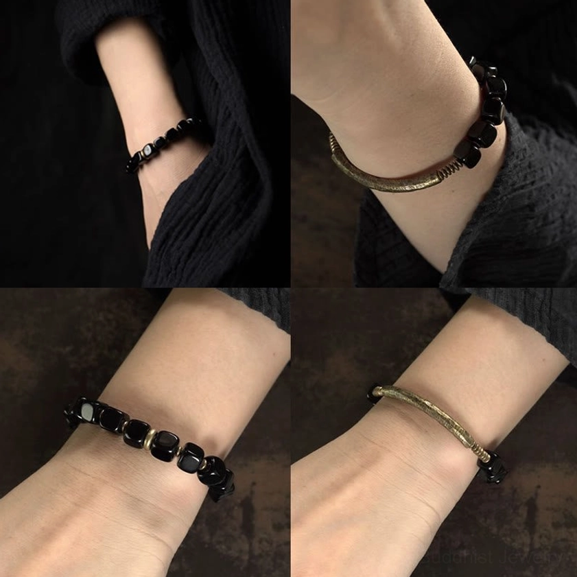 Buddhist black obsidian crystal couple bracelet with healing copper metal accents