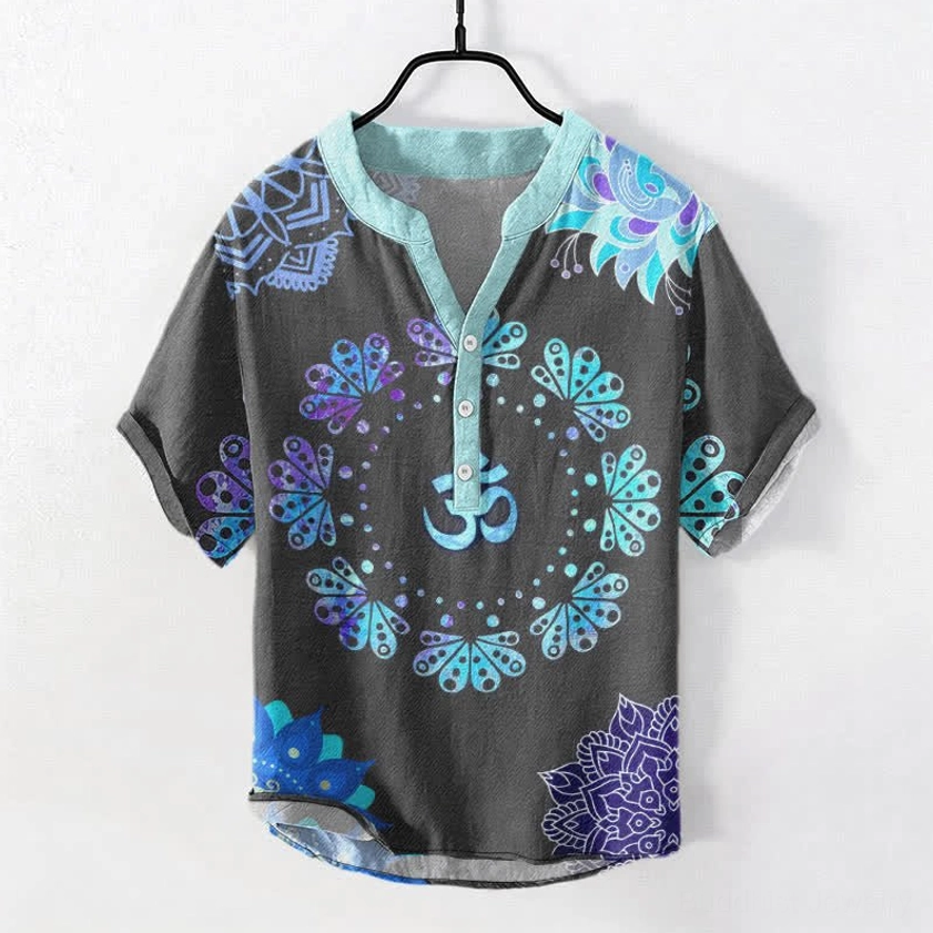Men's Buddhist Om Lotus Henley Shirt Front Display Mint Green Collar Black Cotton Spiritual Print