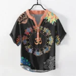 Men's Buddhist Om Lotus Mandala Henley Shirt Front View Orange Collar Black Cotton - Spiritual Print Design