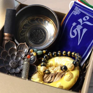 Buddhist Om Mani Padme Hum meditation gift bundle set in kraft box with singing bowl, bracelet, necklace, incense holder and prayer flags
