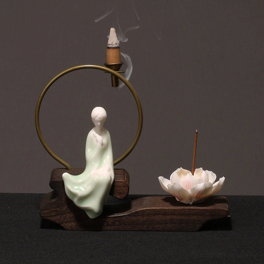 Painting-style Buddhist incense burner with artistic ceramic design, unique handcrafted meditation and décor piece