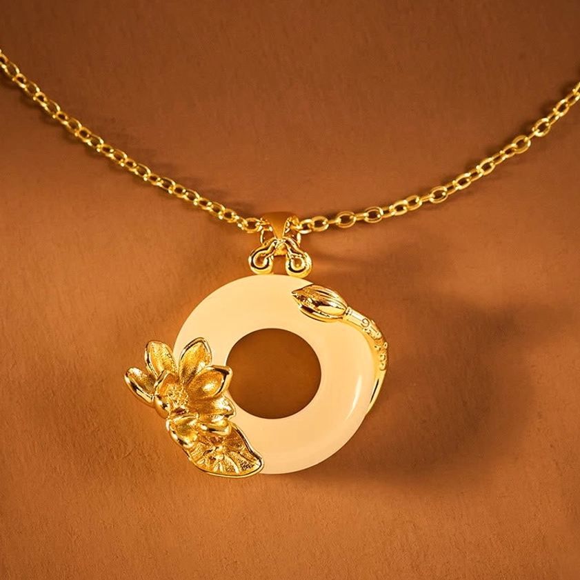 Complete lotus peace buckle pendant with delicate gold chain, full pendant display showing detailed lotus ornament design