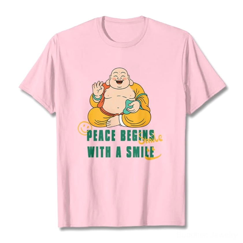 Peace begins with smile Buddhist graphic t-shirt quality assurance handmade artisan craft