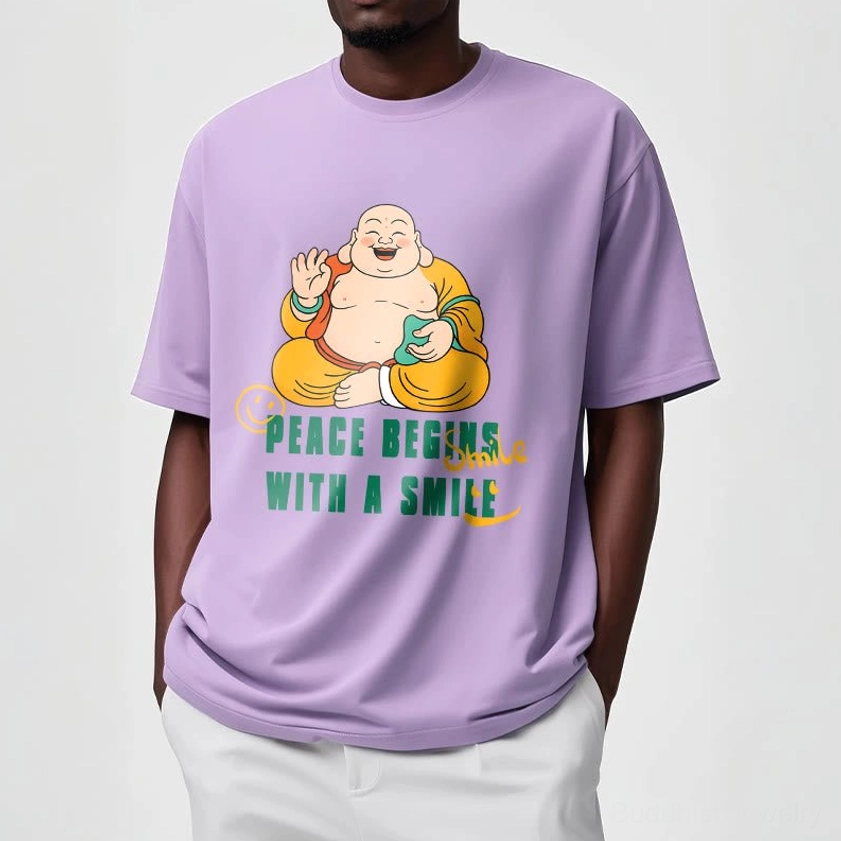 Meditation yoga lifestyle Buddhist peace begins with smile graphic t-shirt daily wear