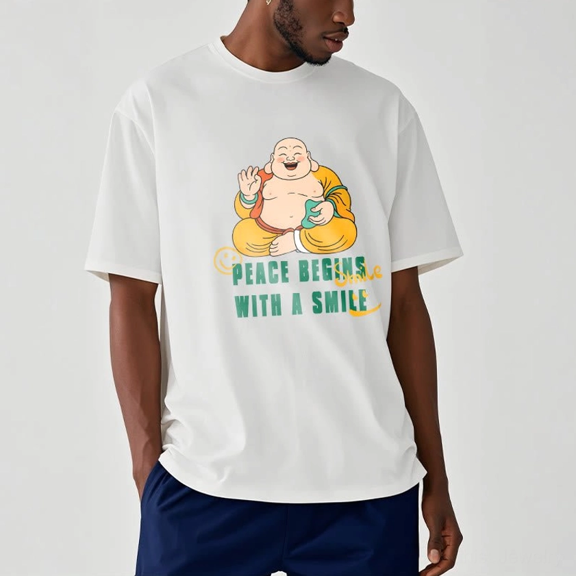 Male model wearing white Buddhist peace graphic tee relaxed fit indoor casual wear