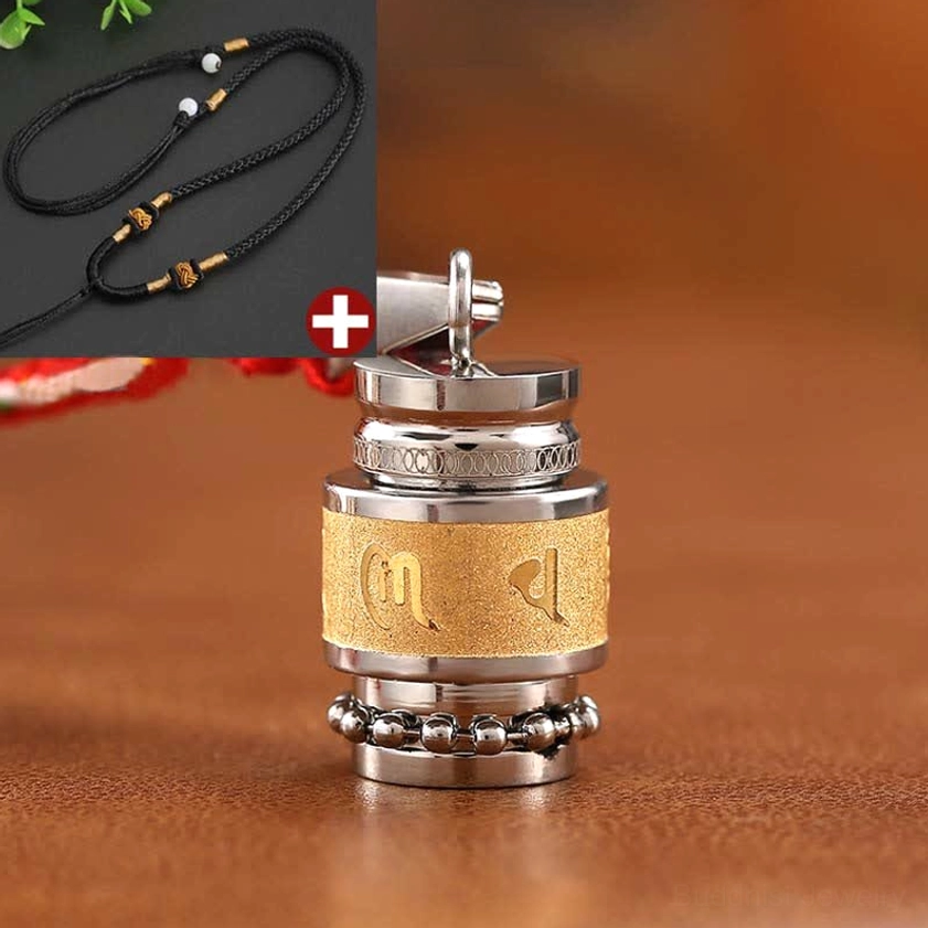 Om Mani Padme Hum titanium steel amulet pendant with adjustable black braided knot lanyard