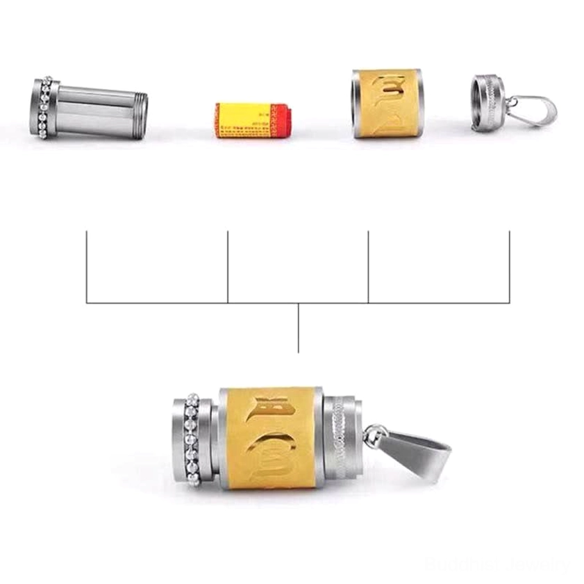 Buddhist amulet components disassembled flat lay showing detachable stainless steel parts and size guide measurements