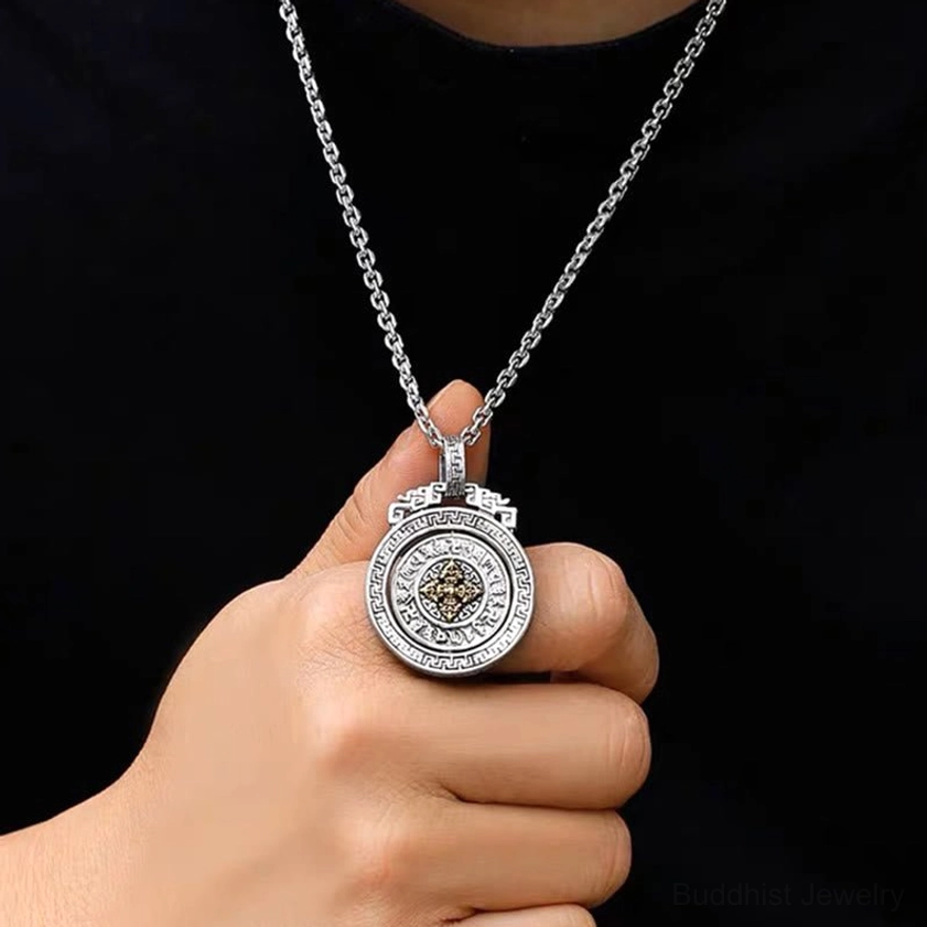 Buddhist pendant necklace with sacred mantra and vajra symbol for protection and spiritual awakening