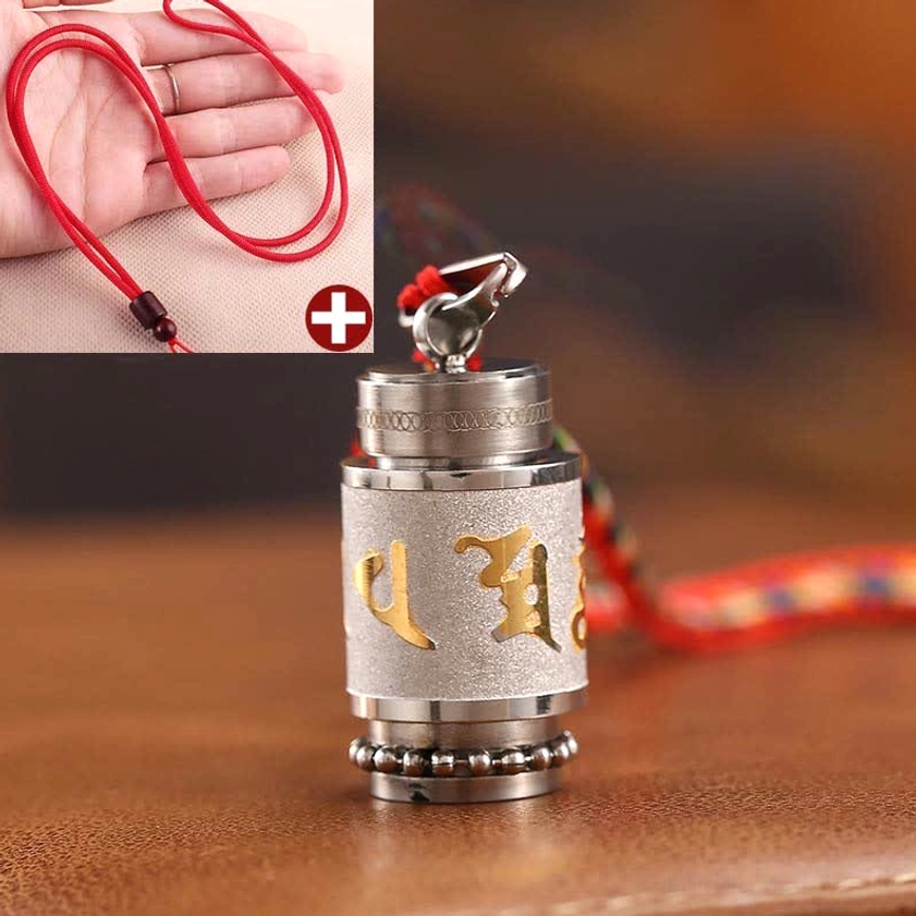Buddhist wisdom amulet pendant silver finish with red woven lanyard spiritual intention