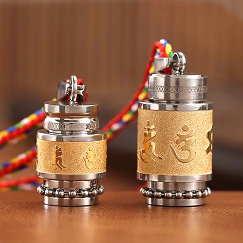 Two sized buddhist mantra pendants with distinct Sanskrit Om Mani Padme Hum engravings on frosted gold bands