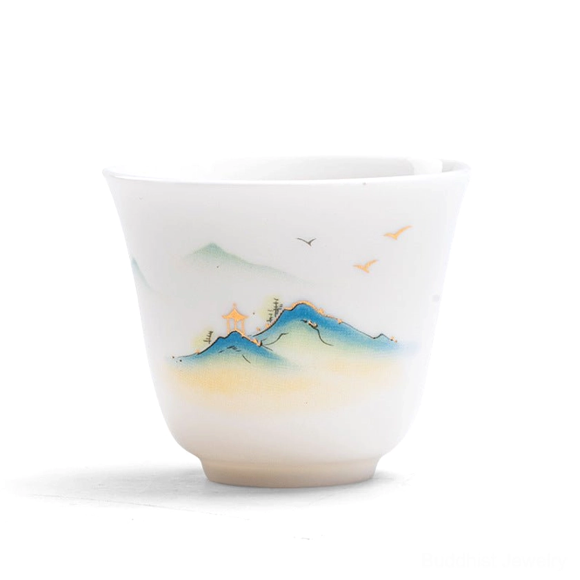 Artisan-made Buddhist porcelain tea cup with delicate hand-painted peony flower design symbolizing prosperity and good fortune