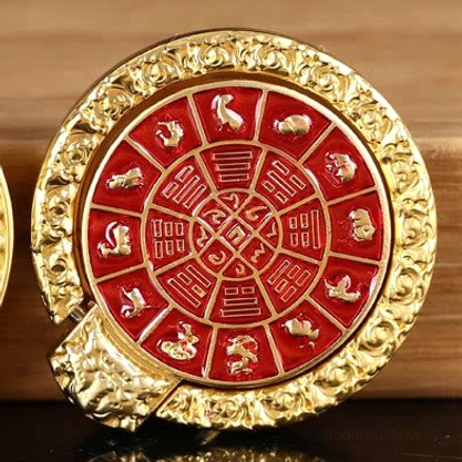 Buddhist phone ring holder featuring gathering of ten powerful elements design, multi-color enamel with gold detailing