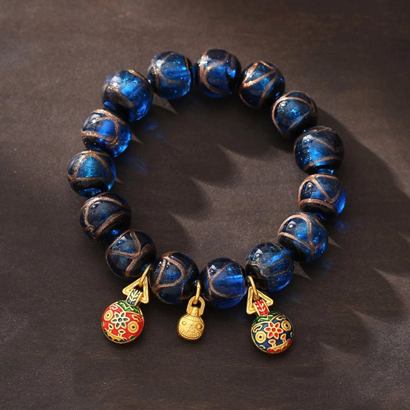 Gold pixiu buddhist fortune bracelet blue liuli glass beads prosperity talisman for abundance