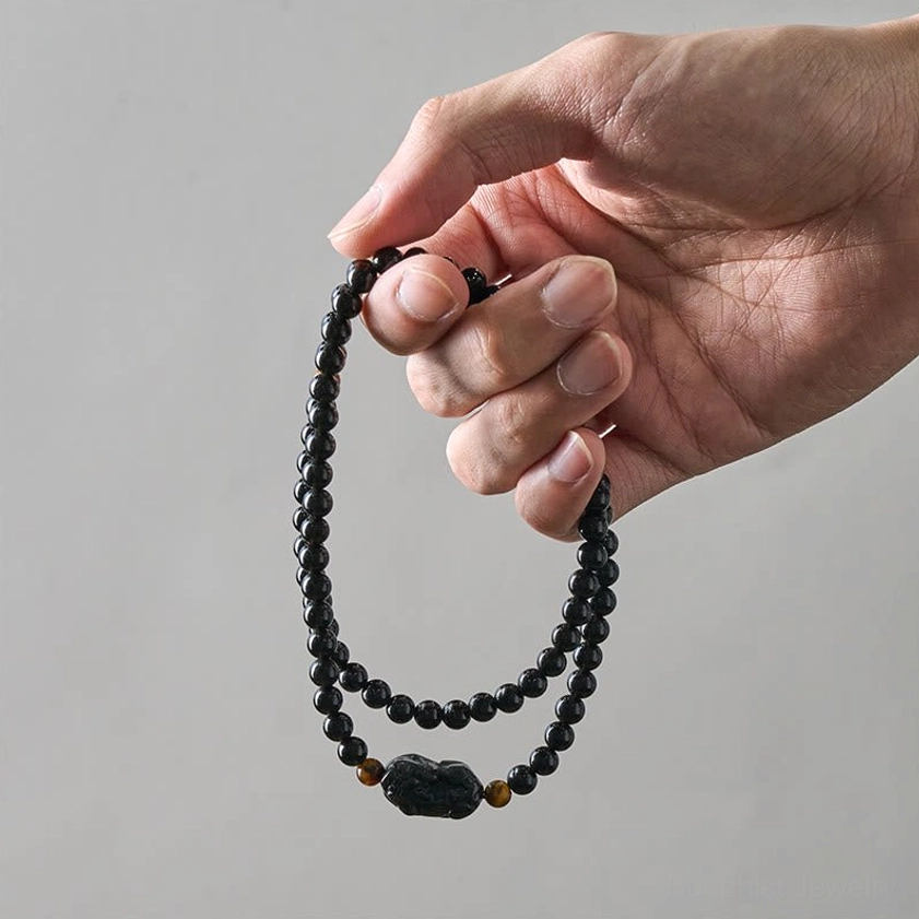 Buddhist prayer beads obsidian Pixiu bracelet with rainbow and black stone crystals for abundance and protection