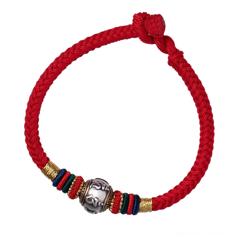 Buddhist prayer bracelet with adjustable string design, silver decorative bead, and colorful woven rope for spiritual practice