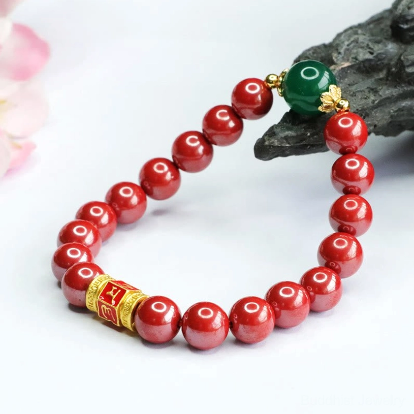 Natural cinnabar and green agate prayer bracelet with copper spacer beads and om mani padme hum inscription