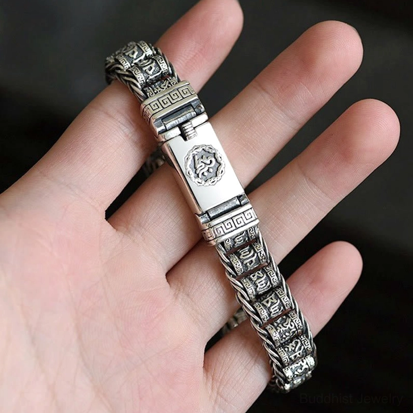 Buddhist prayer bracelet with Om Mani Padme Hum mantra, copper material with aged patina and magnetic buckle for spiritual protection