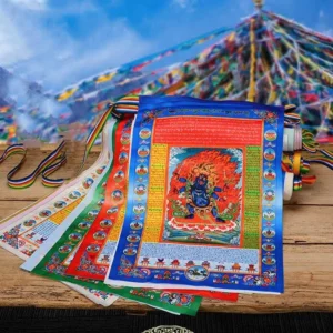 Buddhist prayer flag garland 5m five elements windhorse overhead view with multicolor flags on wooden table