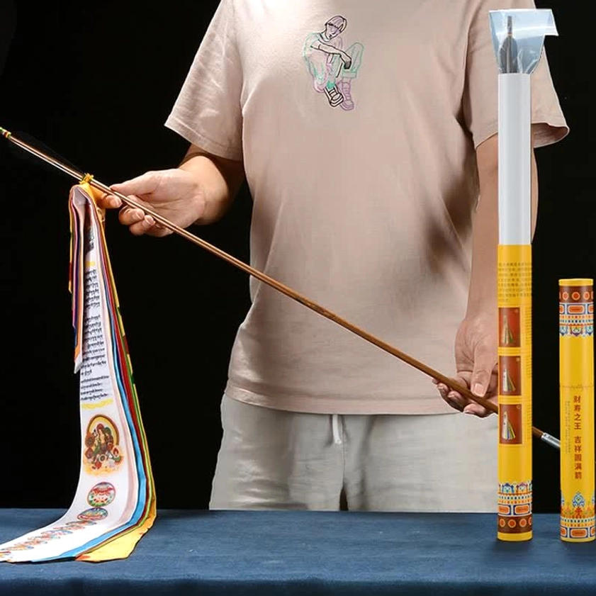 Complete Buddhist prayer flag decoration set with wooden pole and storage tubes for portability