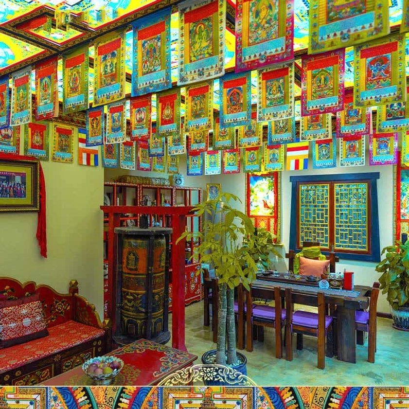 Decorative Buddhist prayer flag garland installed ceiling traditional meditation room sacred space